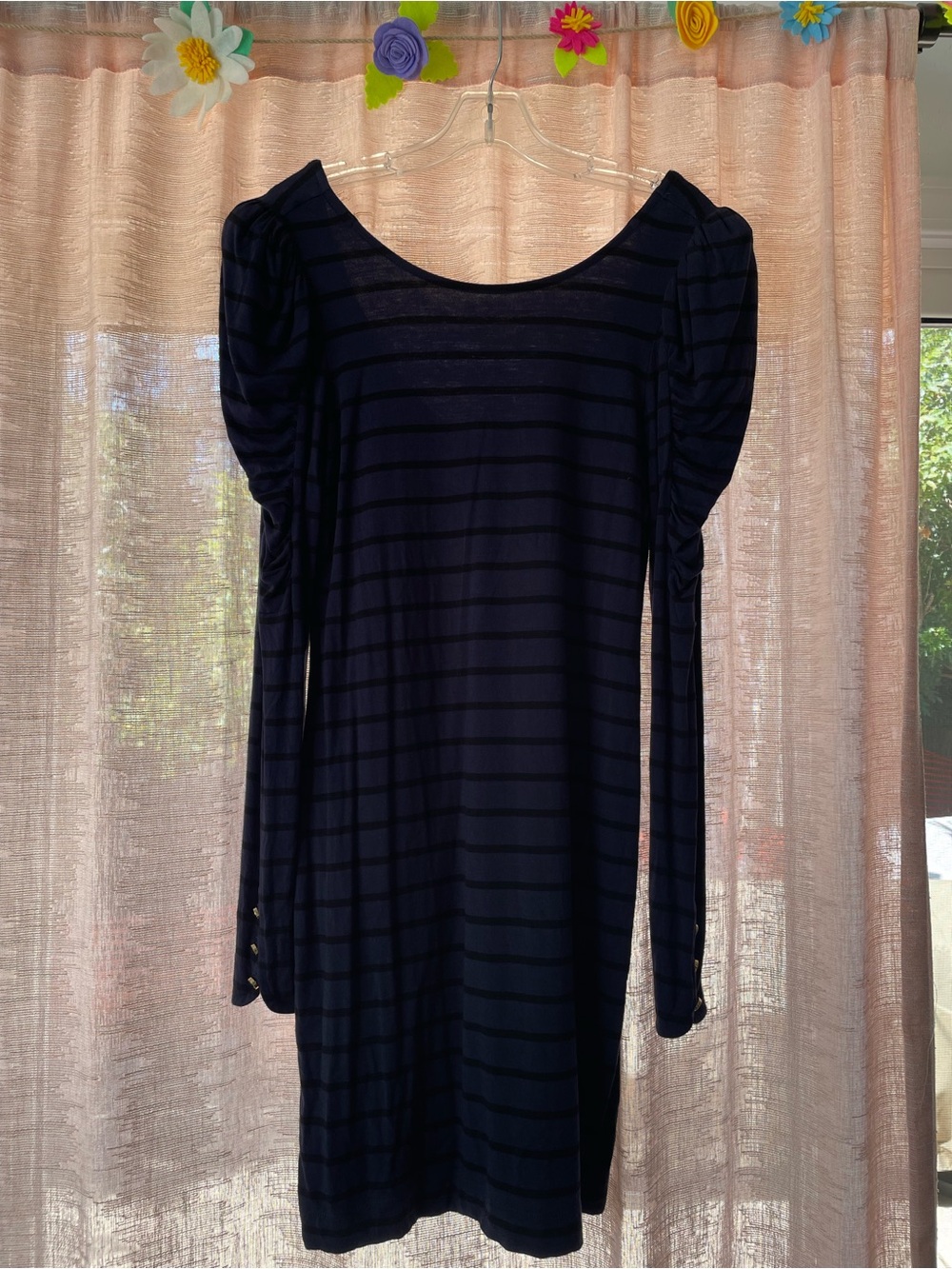 Juicy Couture Navy Stripe Long-Sleeve Dress with Puff Shoulders
